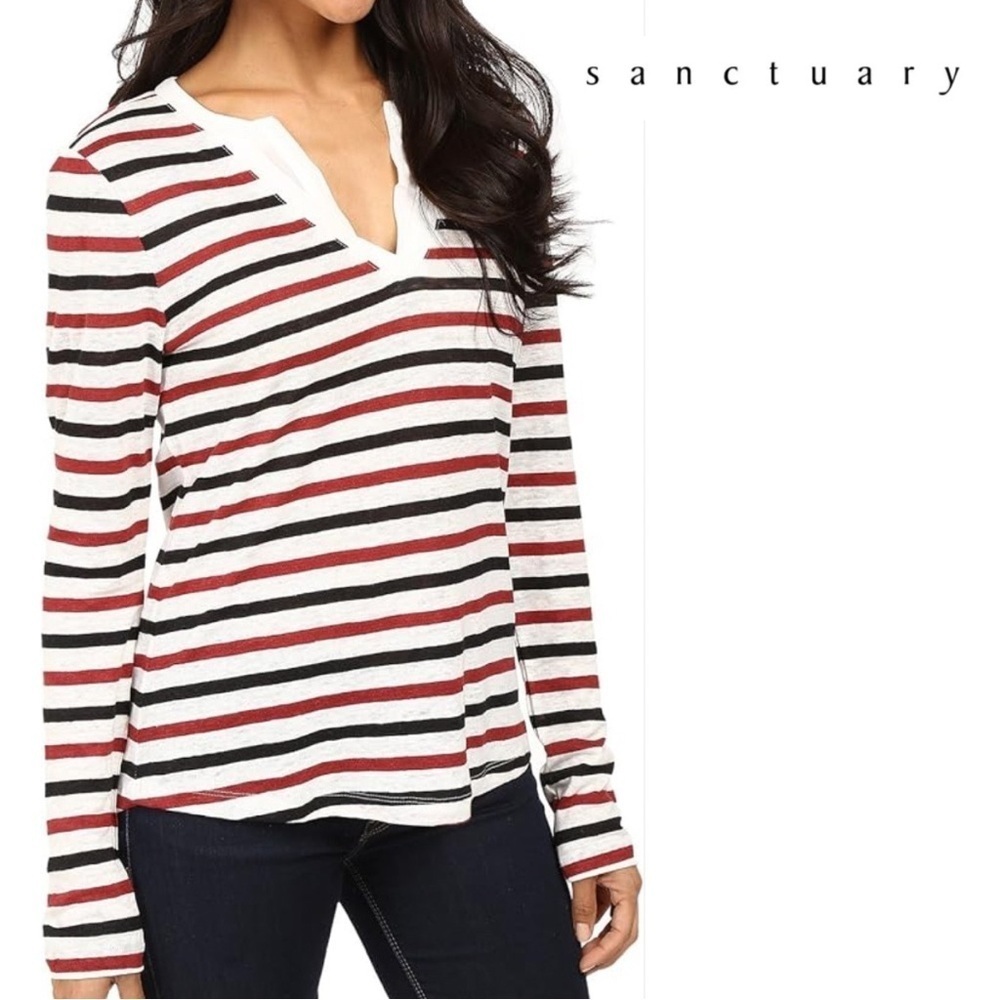 Sanctuary 100% Linen Striped Open Neck Top